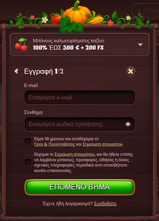 Roostino Casino εγγραφή, συμπληρώστε email και κωδικό πρόσβασης